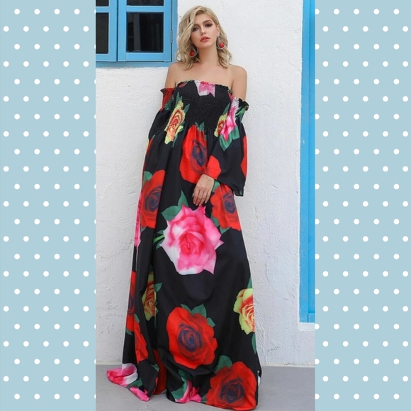Miss Ord Dresses & Skirts - NWT Off Shoulder Shirred Bodice Floral Rose Print Maxi Dress